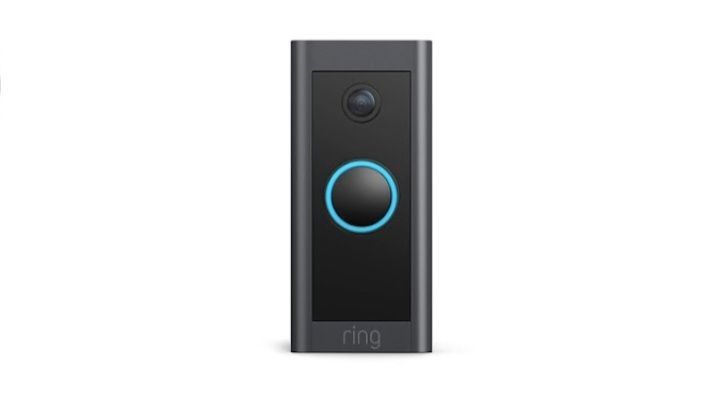 A black ring doorbell with a blue button on it on a white background.