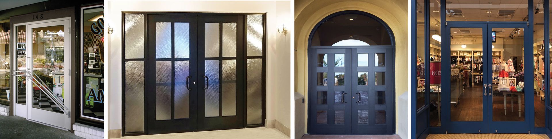 A collage of four pictures of different types of doors.