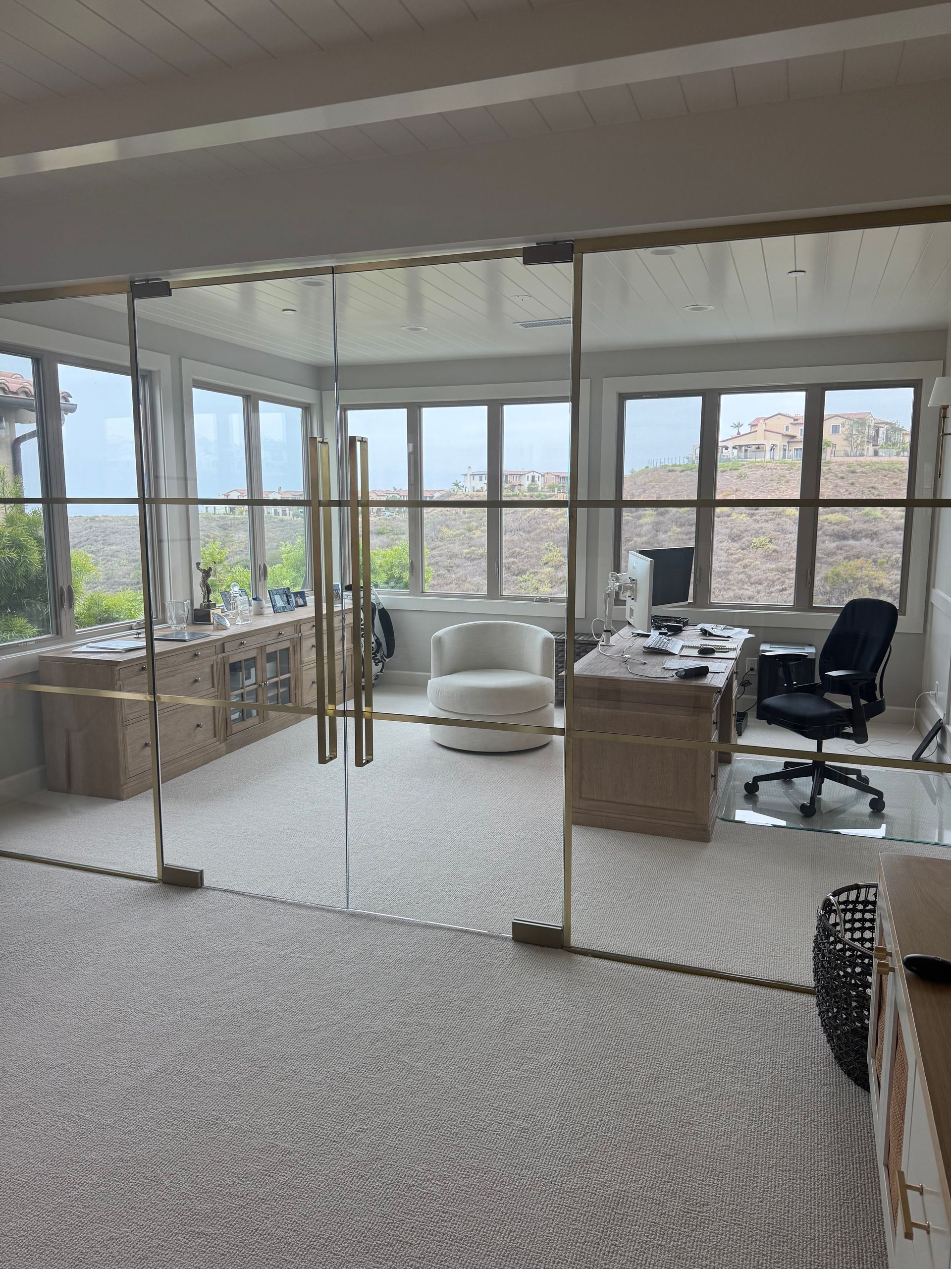 Office with glass walls, desk, cabinets, chair, and a light-colored rug, with a view of a hillside.