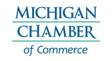 Logo of the Michigan Chamber of Commerce, featuring blue text stacked on three lines separated by horizontal teal lines.