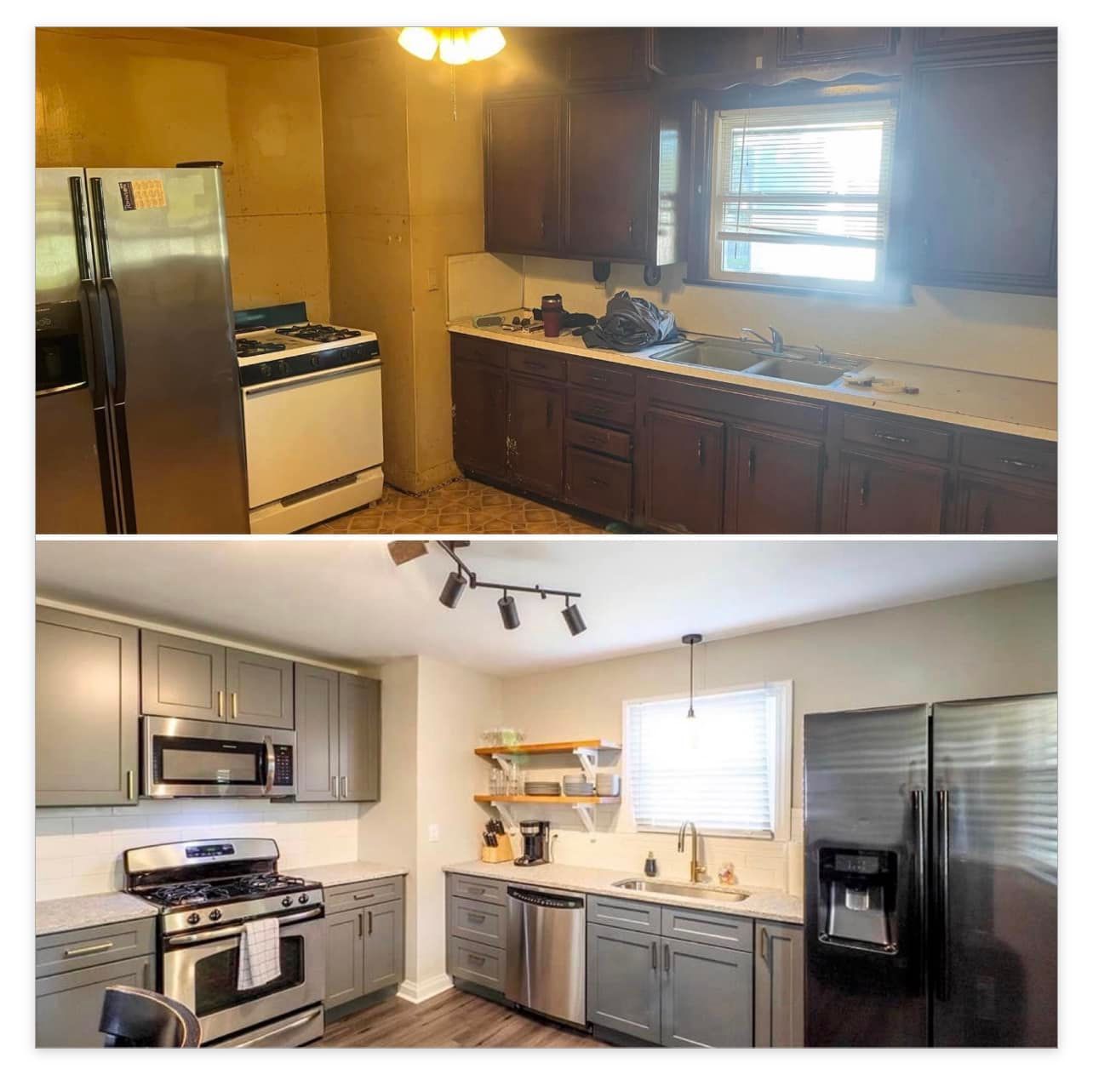 a before and after photo of a kitchen with stainless steel appliances .