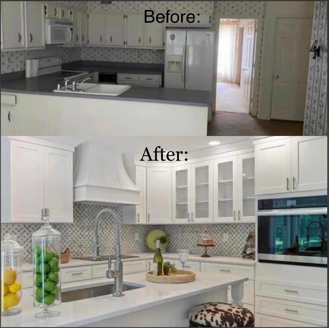 a before and after photo of a kitchen with white cabinets