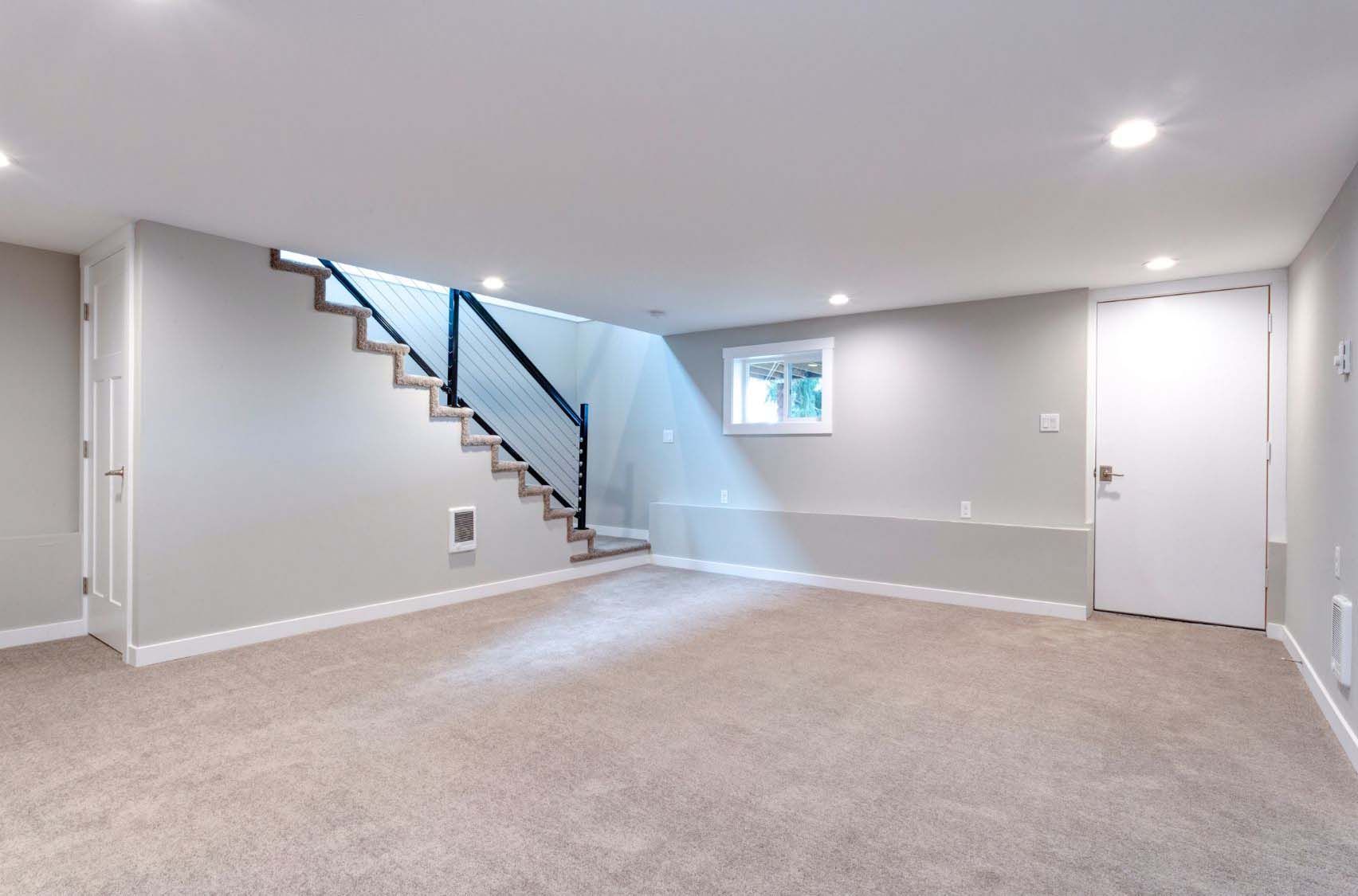 Finished basement with stairs, carpet, gray walls, white door, small window, and modern black railing.