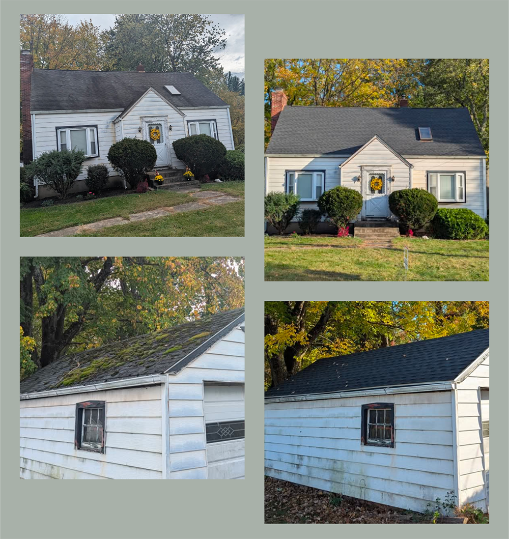 Four photos show a white house with a new black roof. Bushes and trees surround the house.