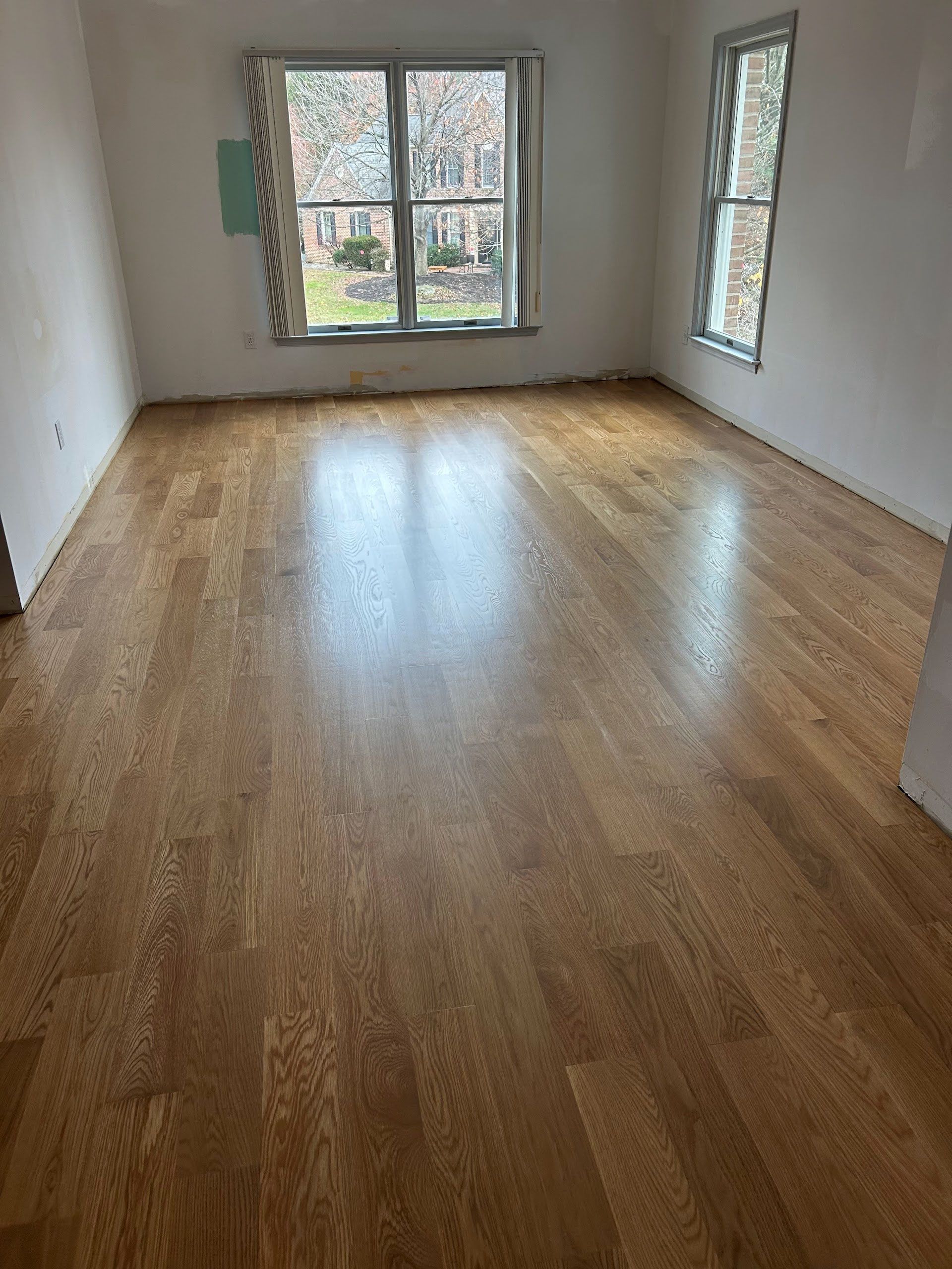 Empty room with light wood floors and two windows letting in daylight