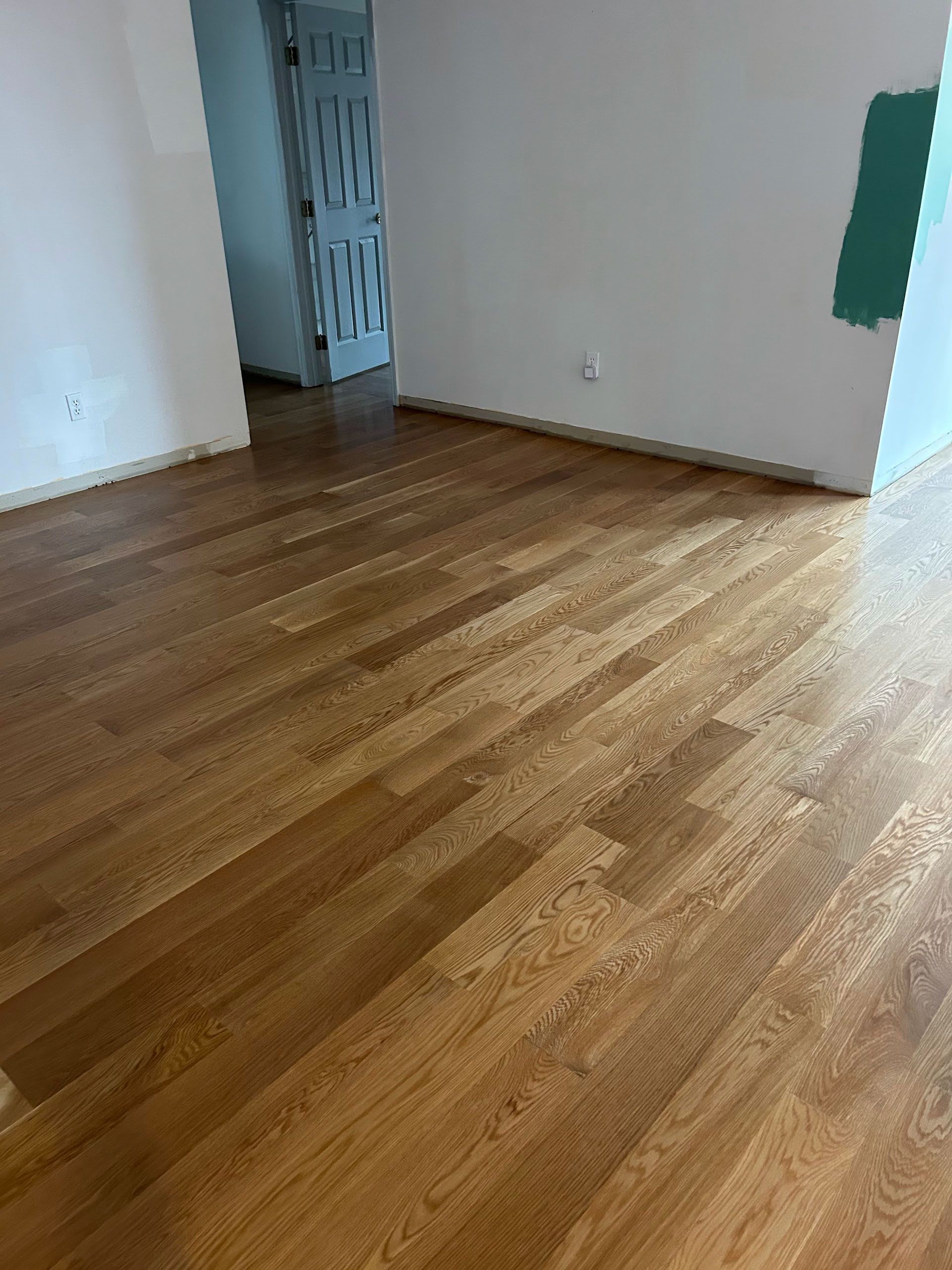 Empty room with hardwood floor, white walls, open doorway, and a green patch on the right wall
