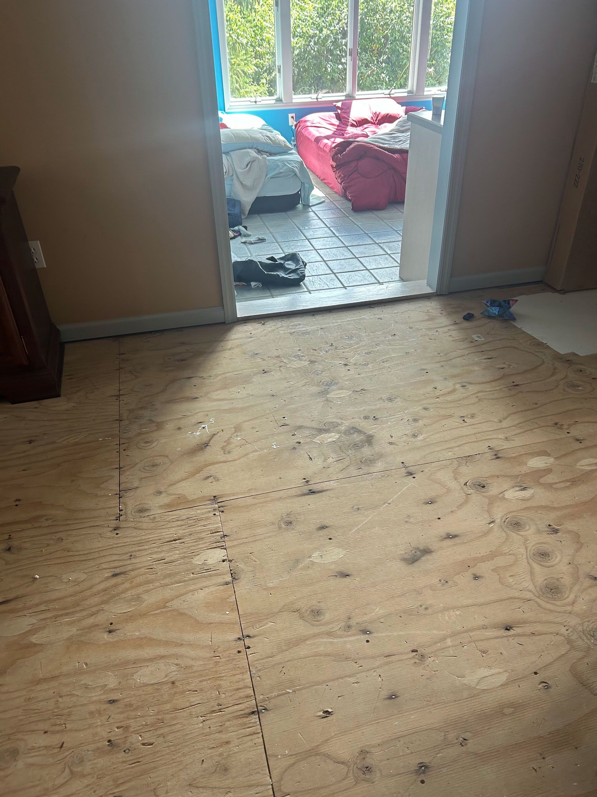 Bare subfloor in a room with exposed plywood; doorway opens to a sunlit adjoining room with clutter.