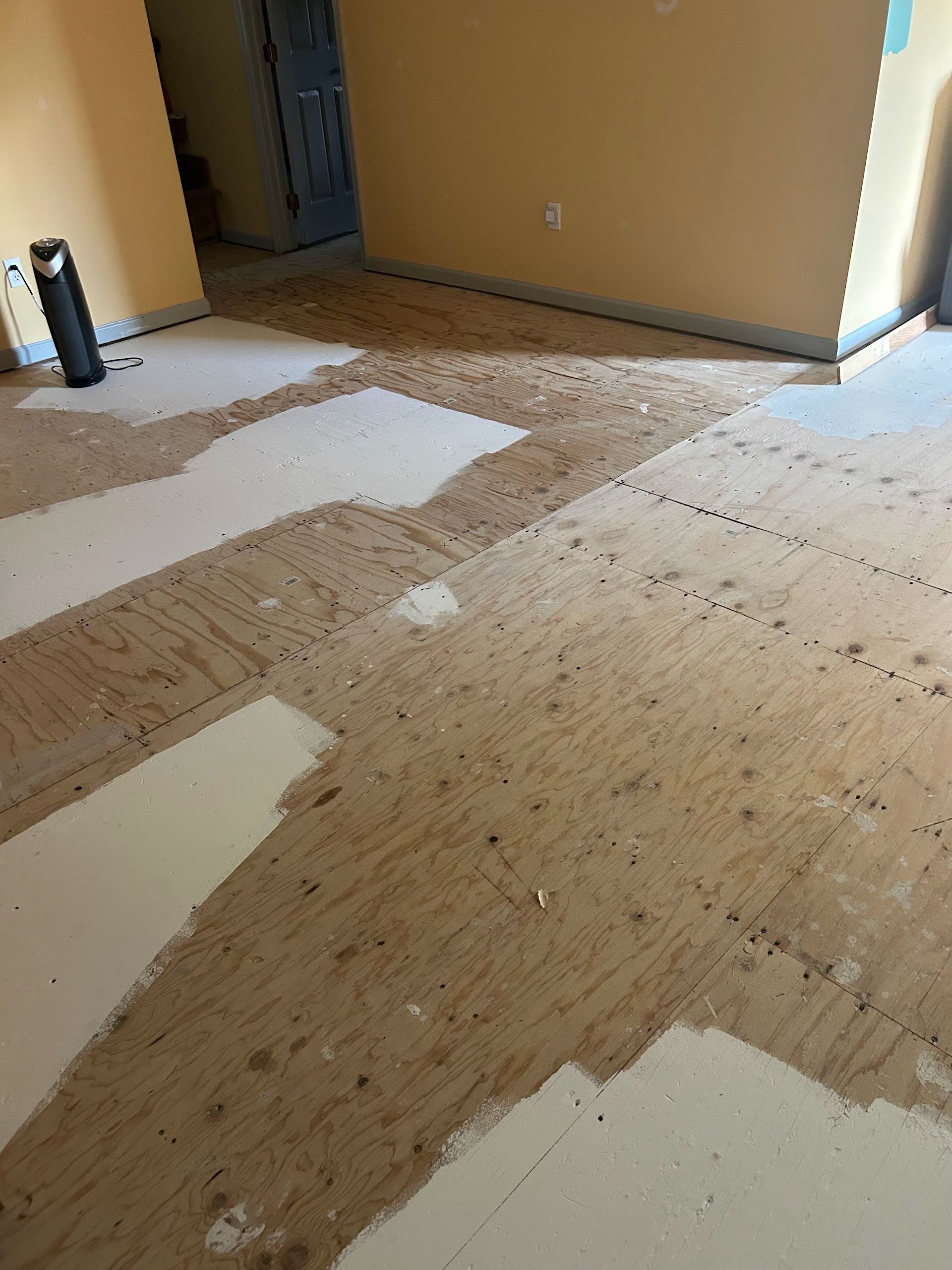 Partially painted indoor floor with tan and white patches near a doorway