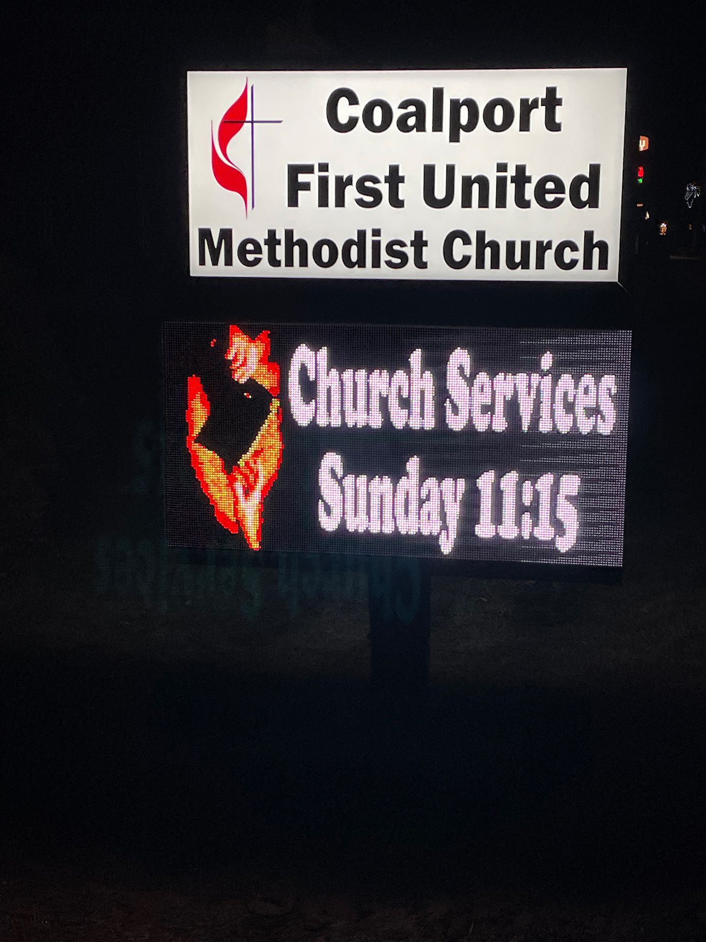 LED sign that says Church Services Sunday 11:15