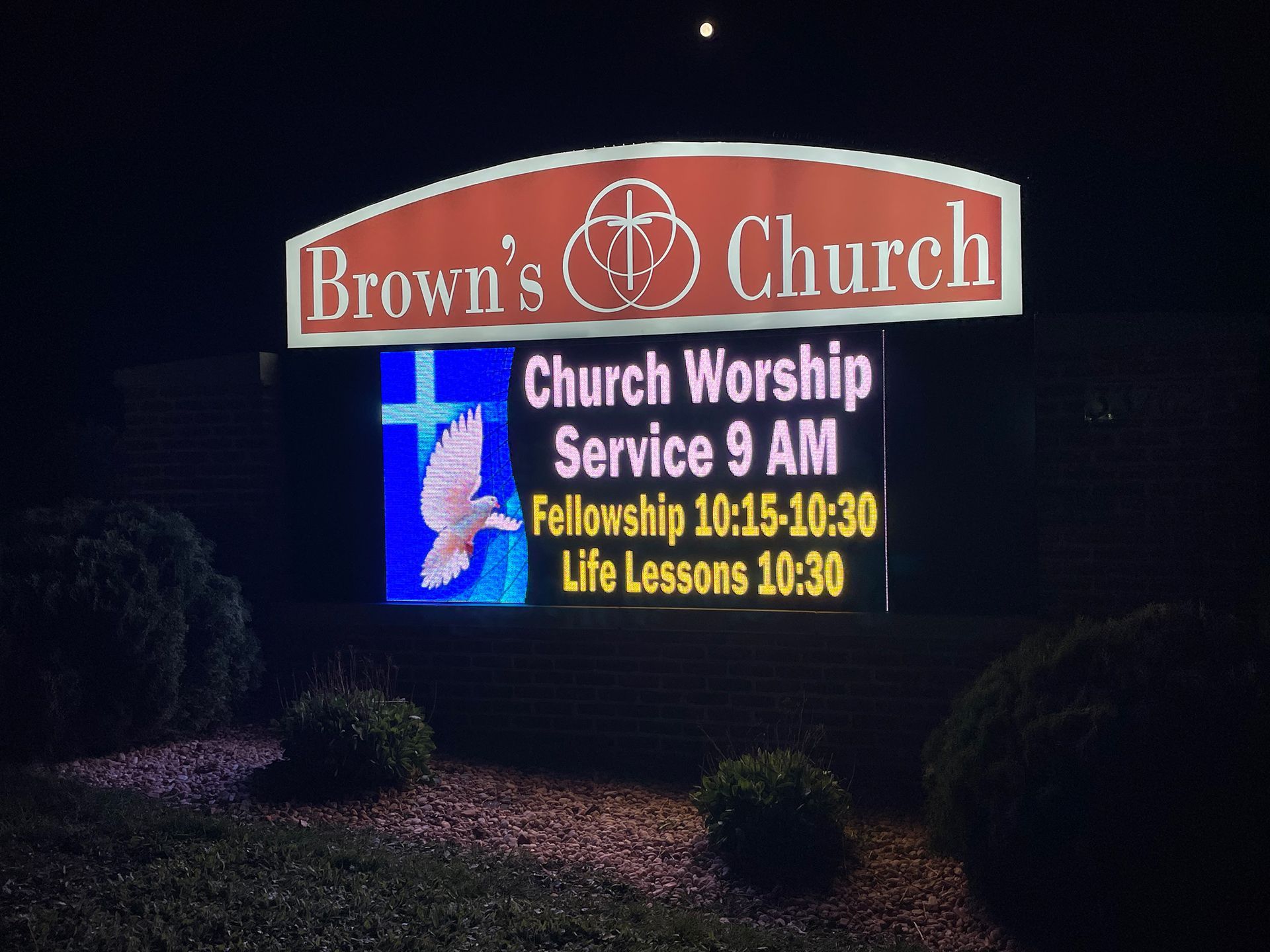 LED sign for Brown's Church that says Church Worship Service 9AM