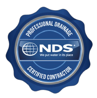 Blue NDS Professional Drainage Certified Contractor seal badge with white text