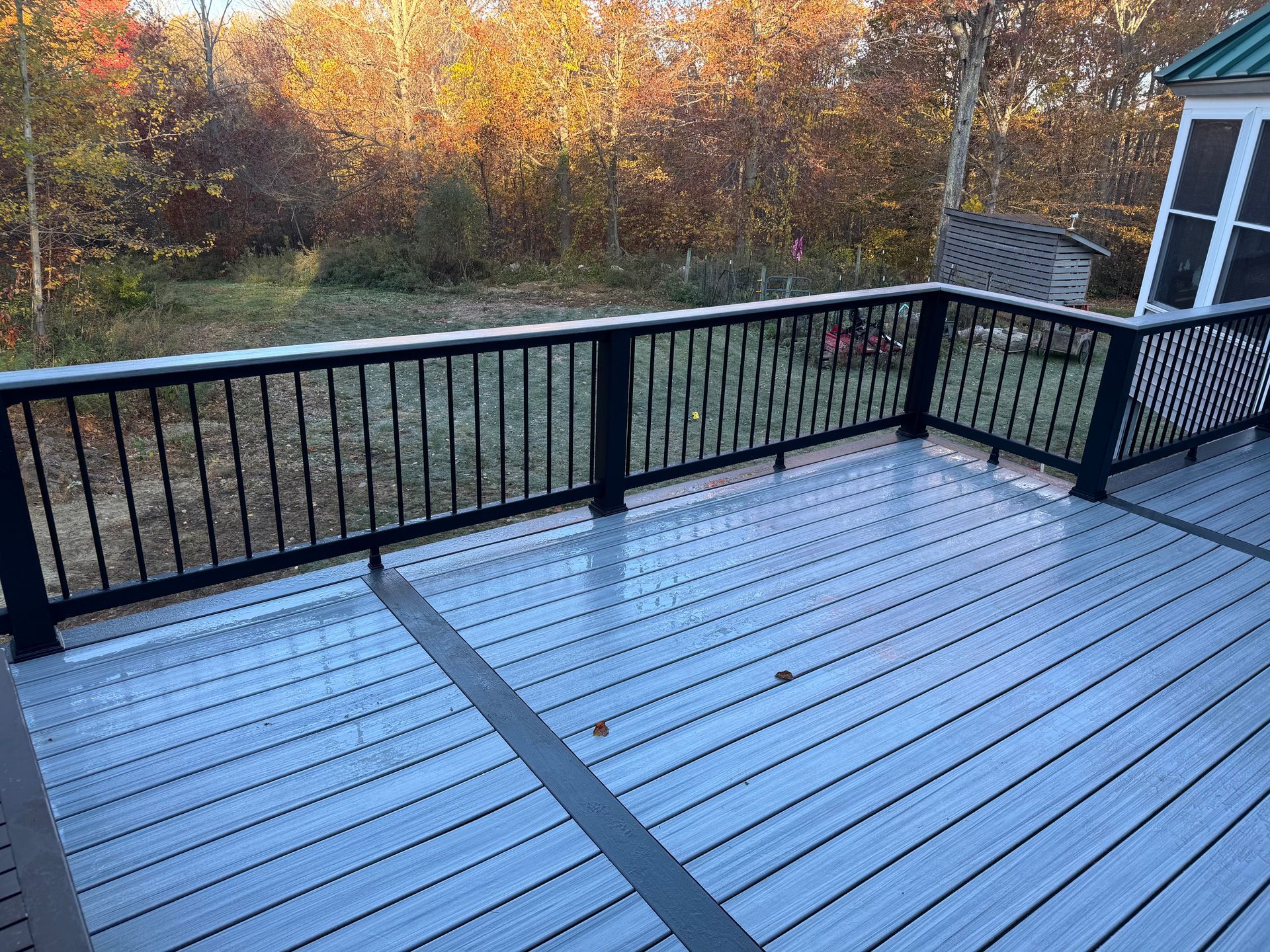 Gray composite deck with black railing overlooking wooded area.