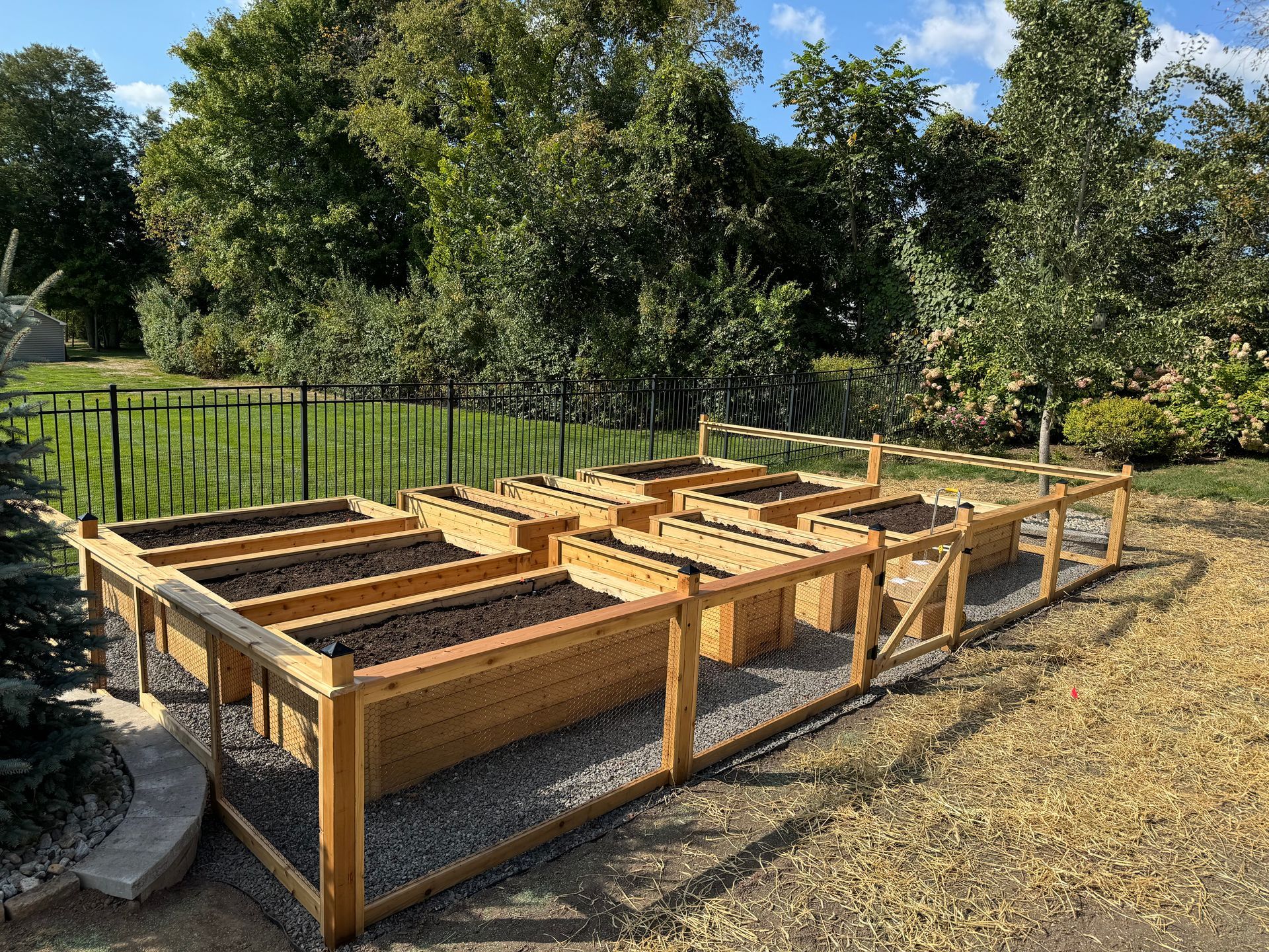 Wooden raised garden beds enclosed by a fence, filled with dark soil, sunny day outdoors.