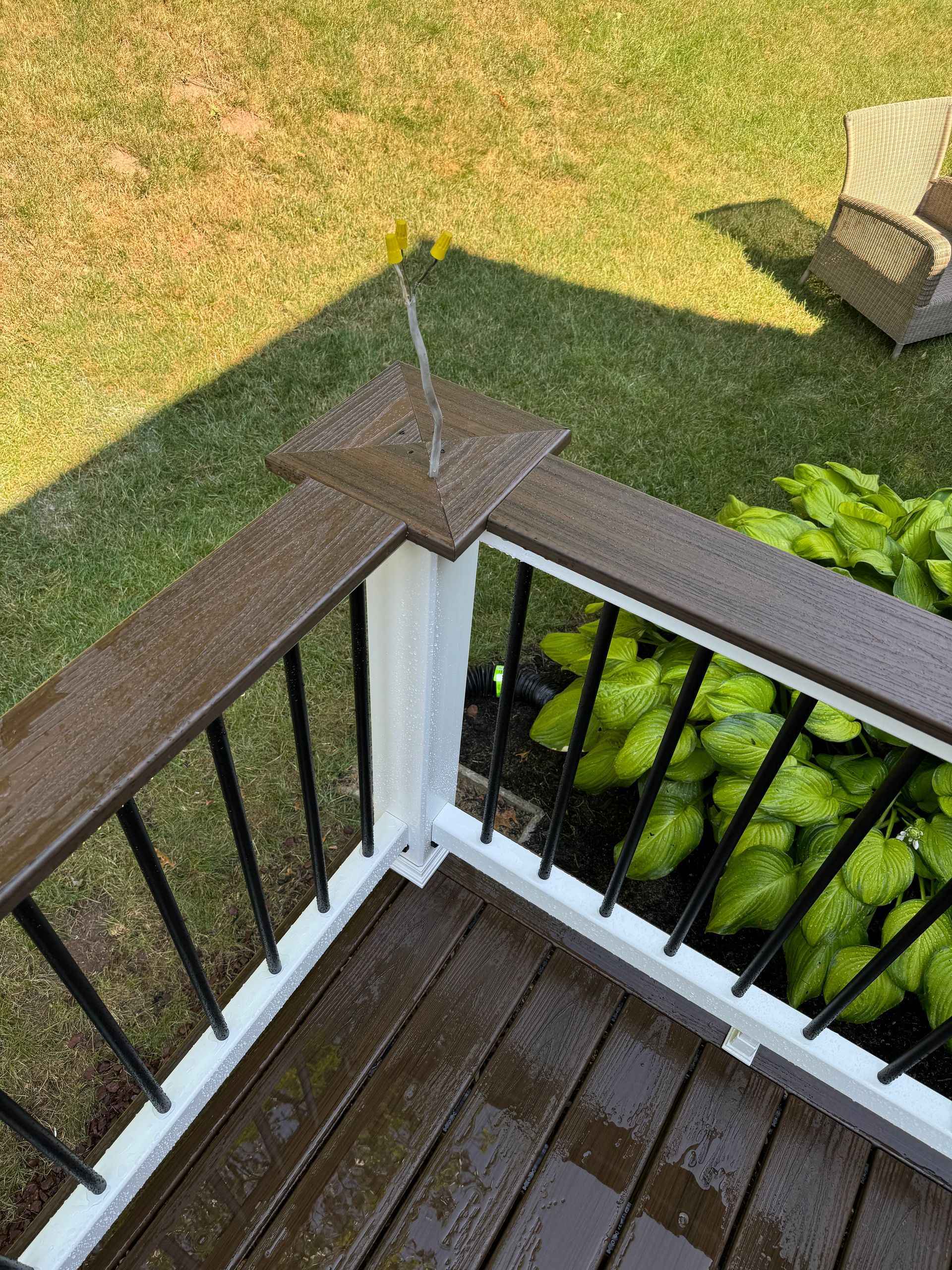 Wet wooden deck railing with black spindles and white post, green lawn in background.