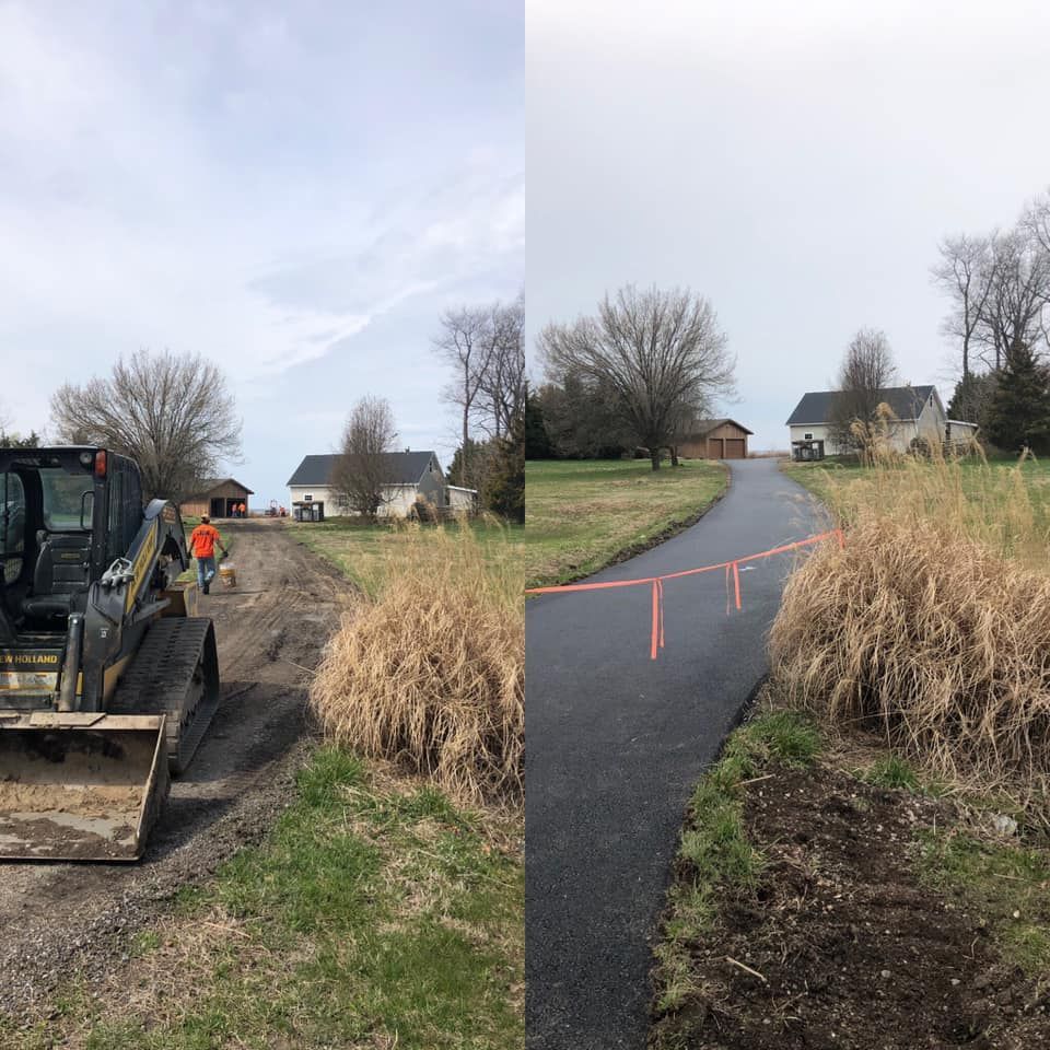 A split-view image showing a gravel driveway under construction next to a newly paved, blocked-off asphalt driveway.