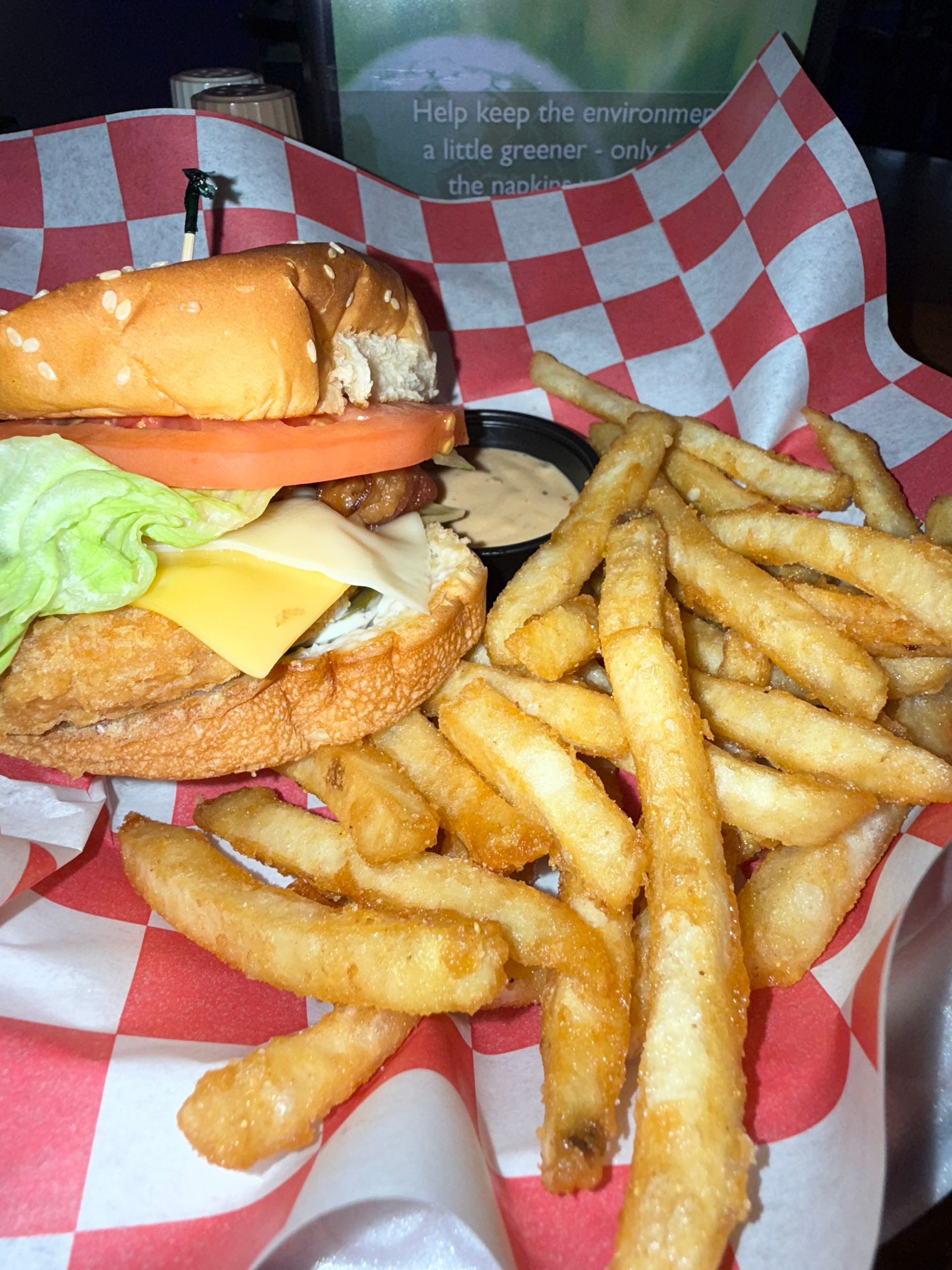 A hamburger and french fries on a checkered paper