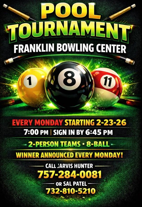 Calendar for Franklin Bowling Center's fall/winter leagues, 2025-2026. It lists league names, start/end dates, team sizes, and prices for each day of the week.