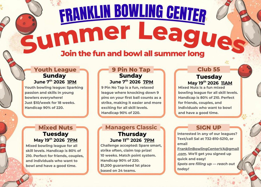 Bowling leagues flyer: Franklin Bowling Center with summer league information and sign-up details.