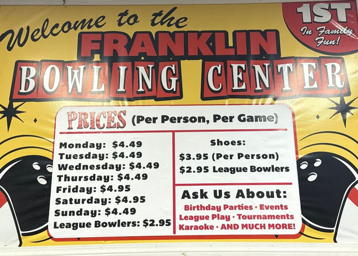 Sign for Franklin Bowling Center with prices and offerings.