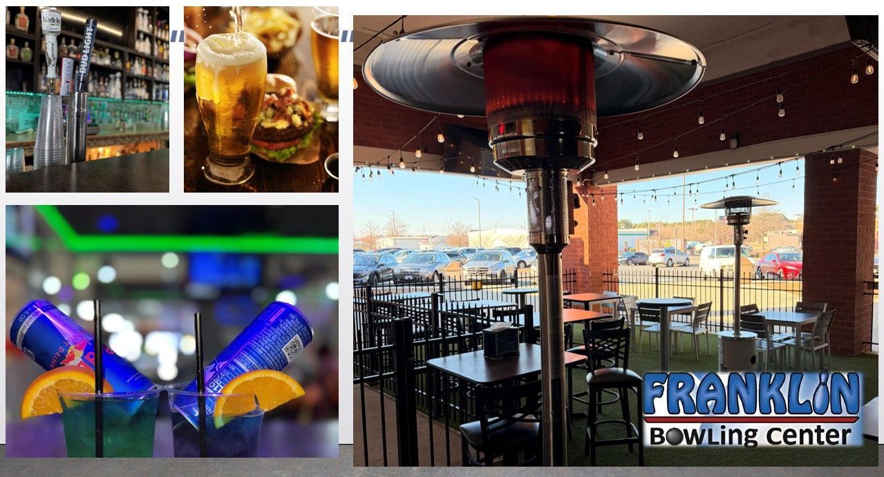 Collage featuring bar, drinks, bowling alley, and outdoor patio with heater.
