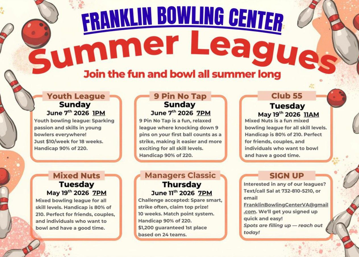 Bowling leagues flyer for Franklin Bowling Center, advertising summer leagues. Includes dates, times, and league types.