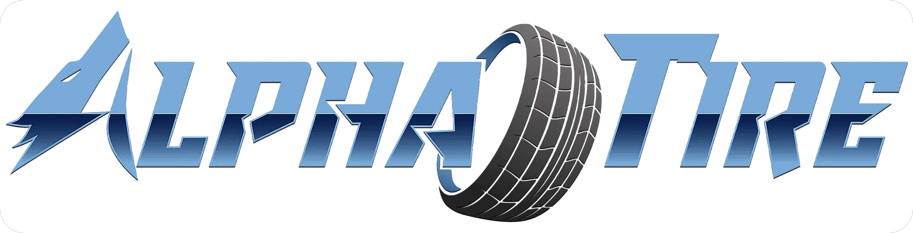 AlphaTire logo in blue and black with a tire graphic replacing the “O”