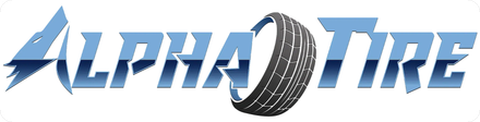 AlphaTire logo in blue and black with a tire graphic replacing the “O”