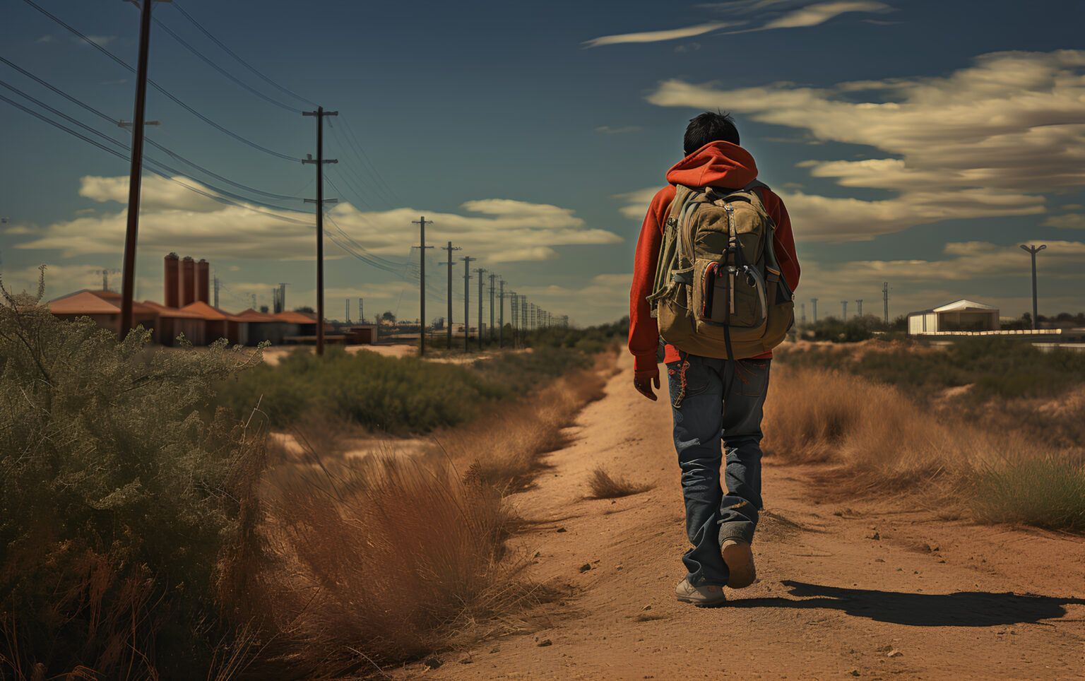 A man with a backpack is walking down a dirt road.