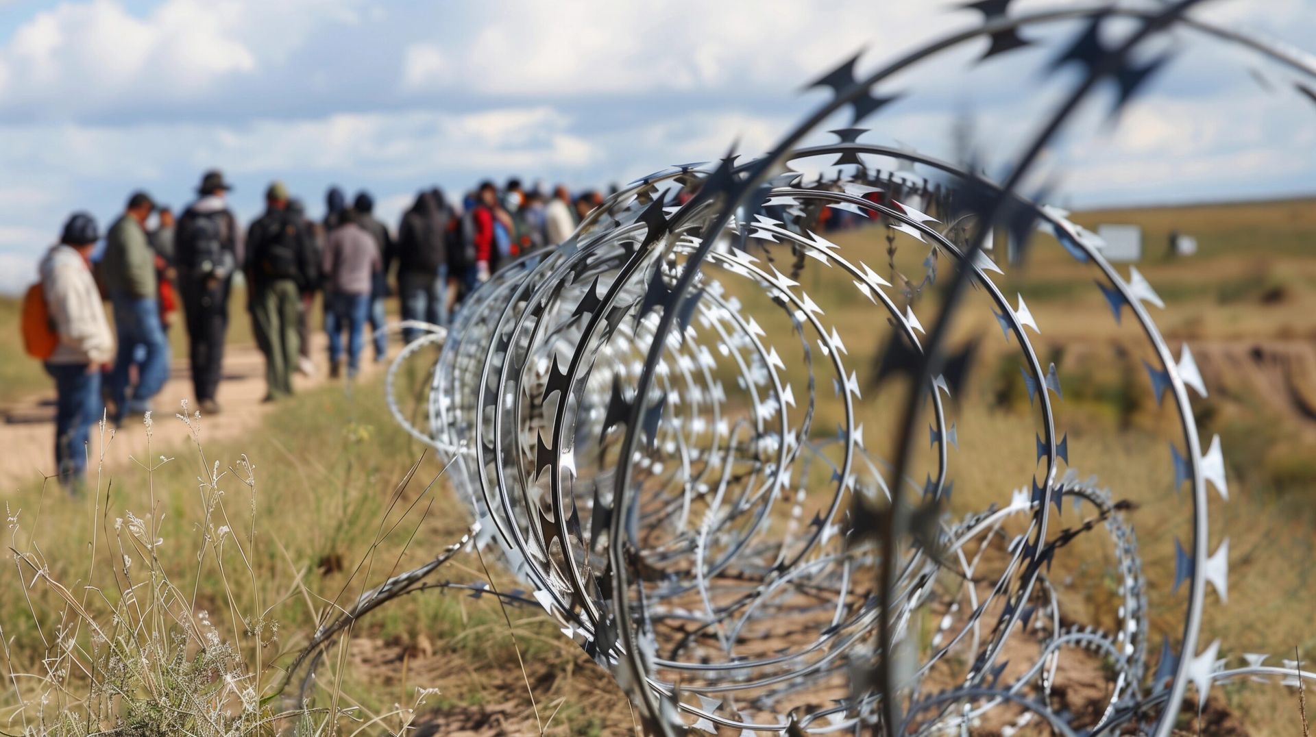 A group of people are walking behind a barbed wire fence.