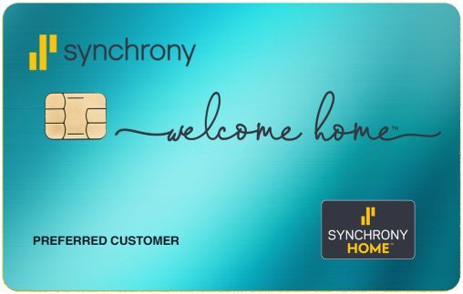 Synchrony Home credit card, turquoise background, 'welcome home' script, preferred customer label.