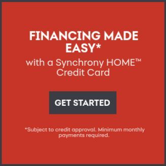 Advertisement: Red square with white text promoting Synchrony Home credit card, offering financing. 'Get Started' button.