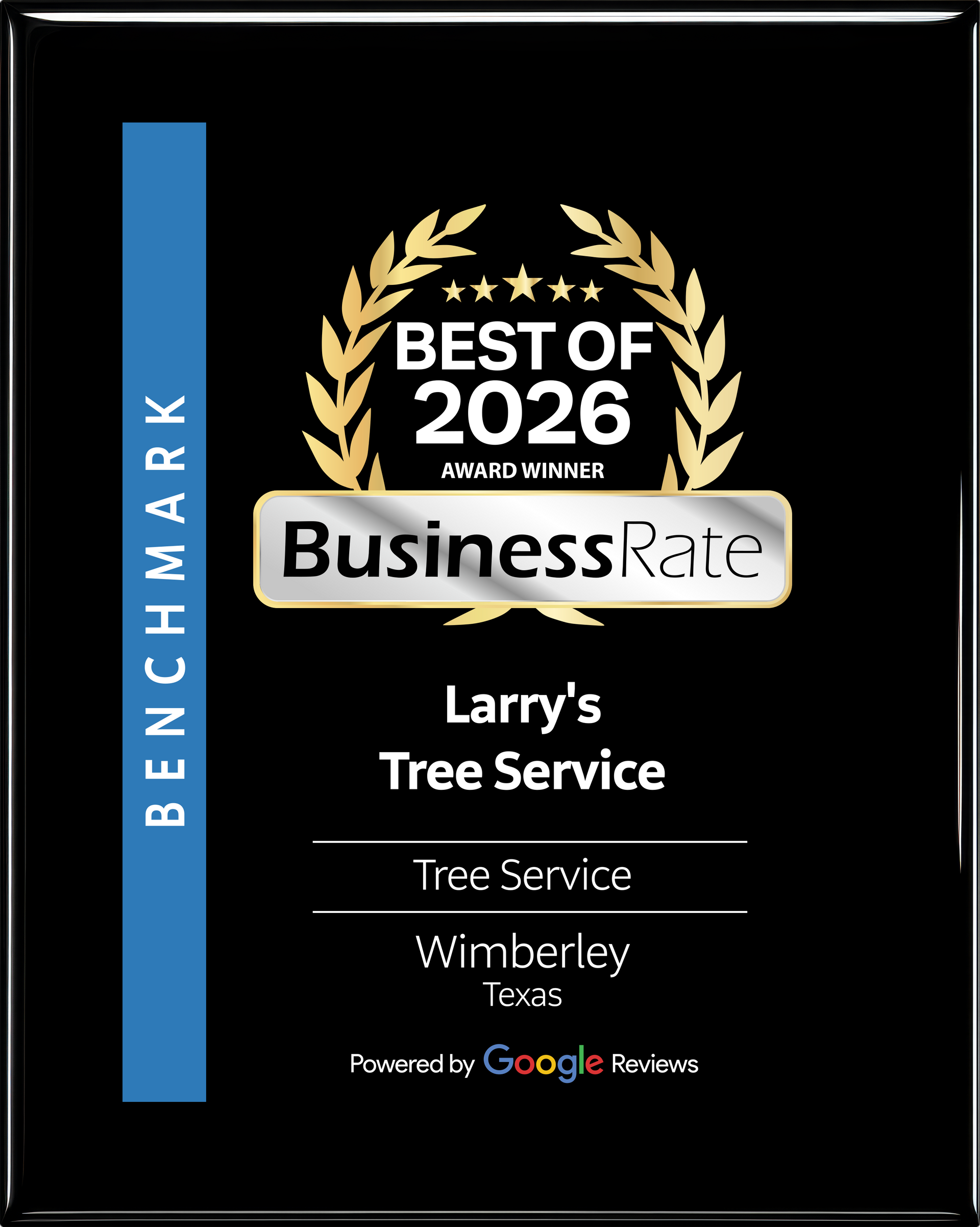 A black and blue award plaque for Larry's Tree Service in Wimberley, Texas, named 