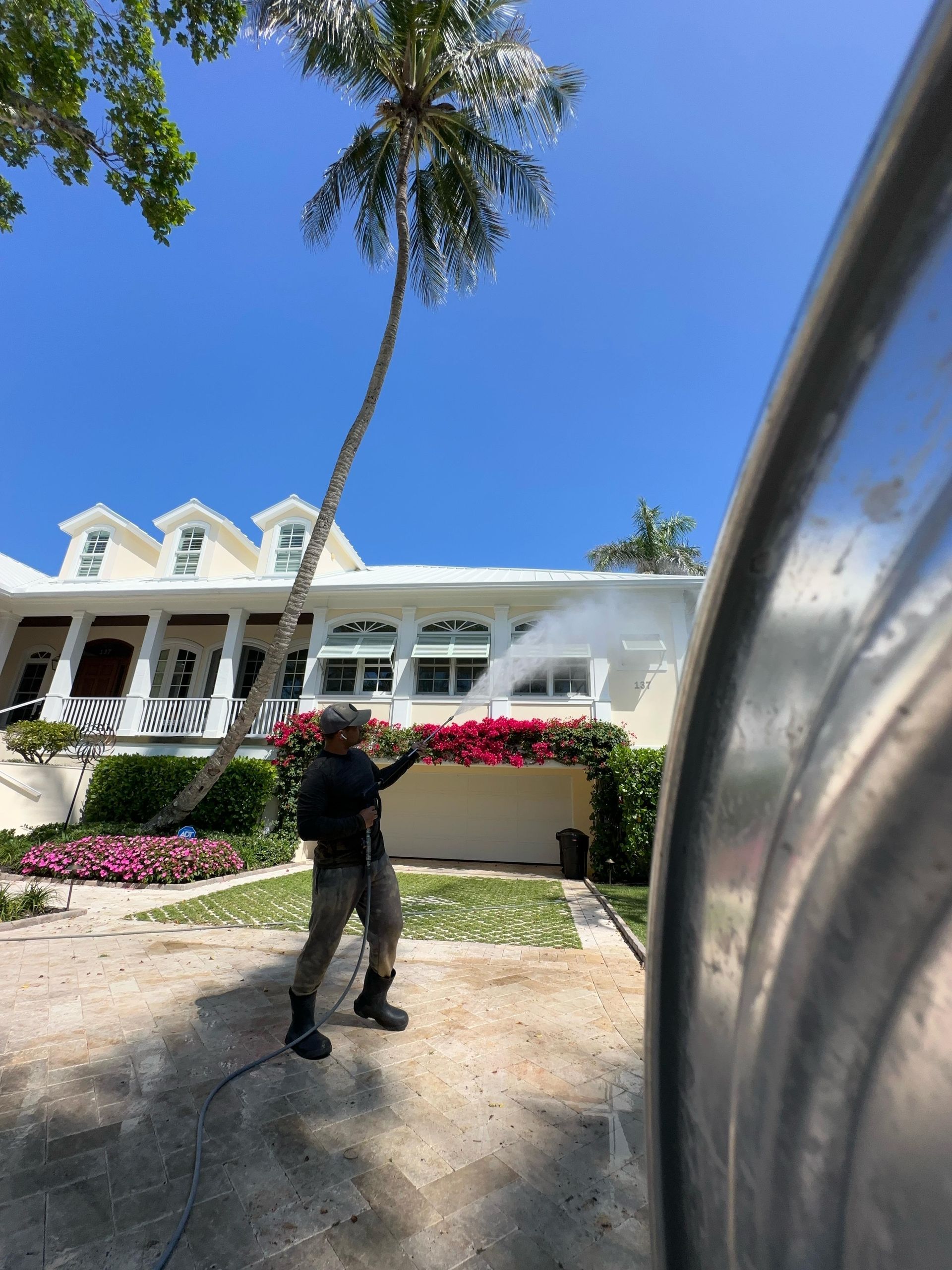 Person standing in front of a white villa with flowers, under a blue sky, with a palm tree overhead
