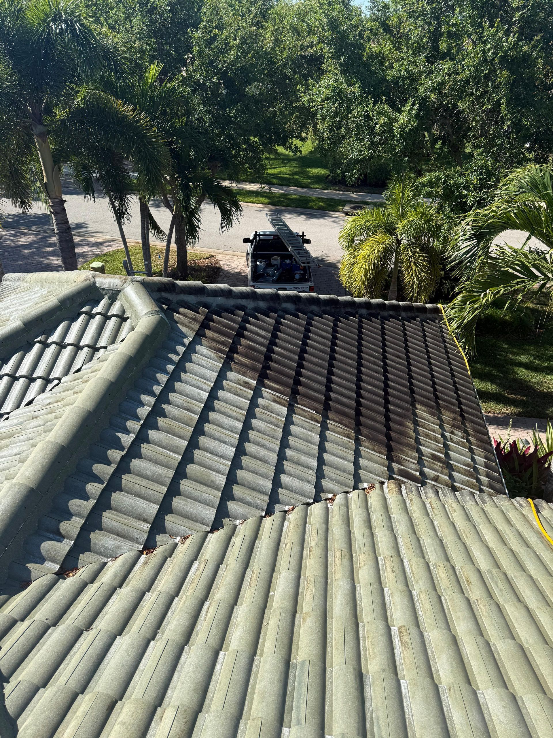 View from a tiled roof over trees and a driveway with a parked vehicle in bright sunlight