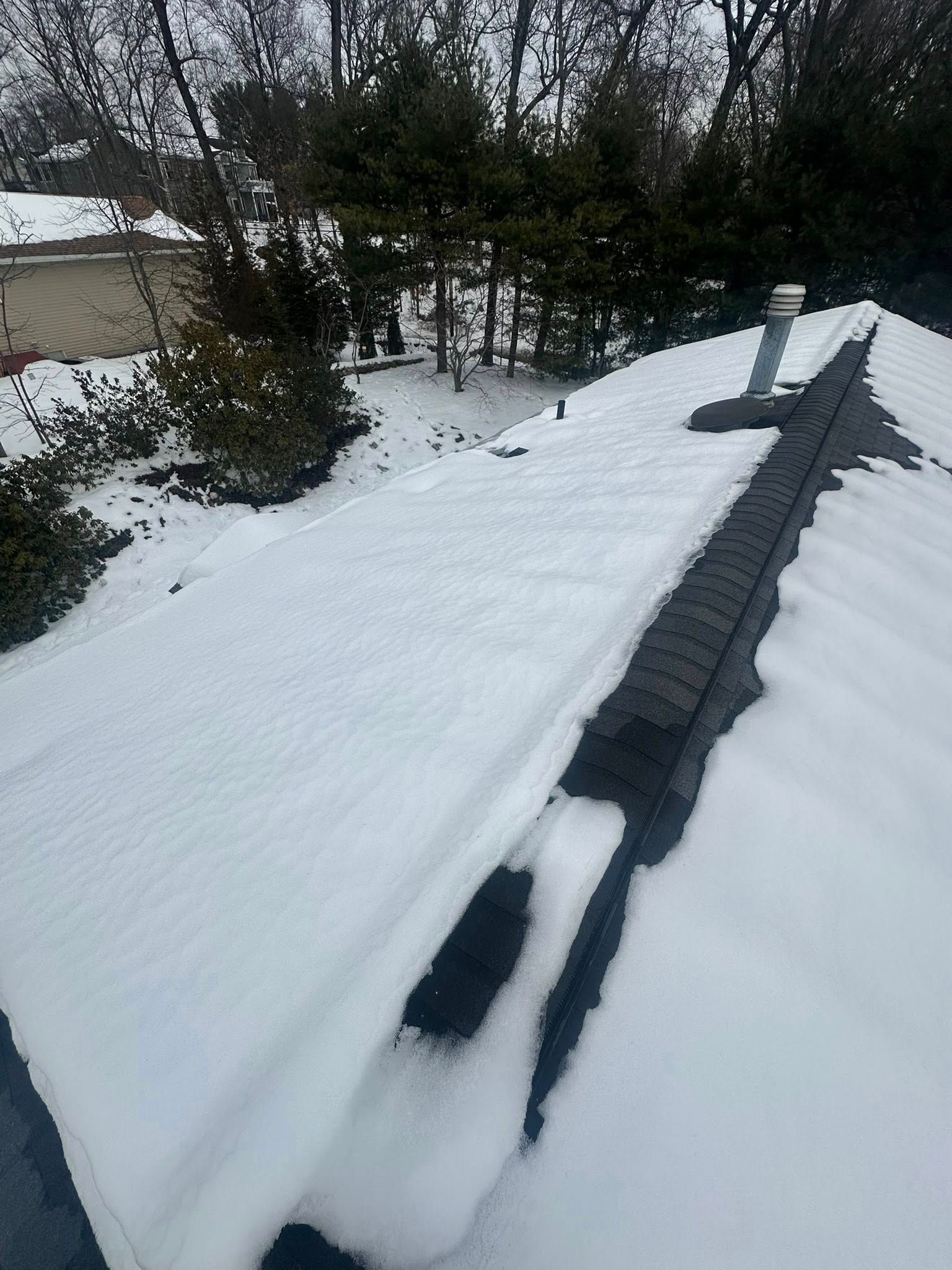 Snow-covered roof of a house with trees and backyard in the background. A chimney is visible.