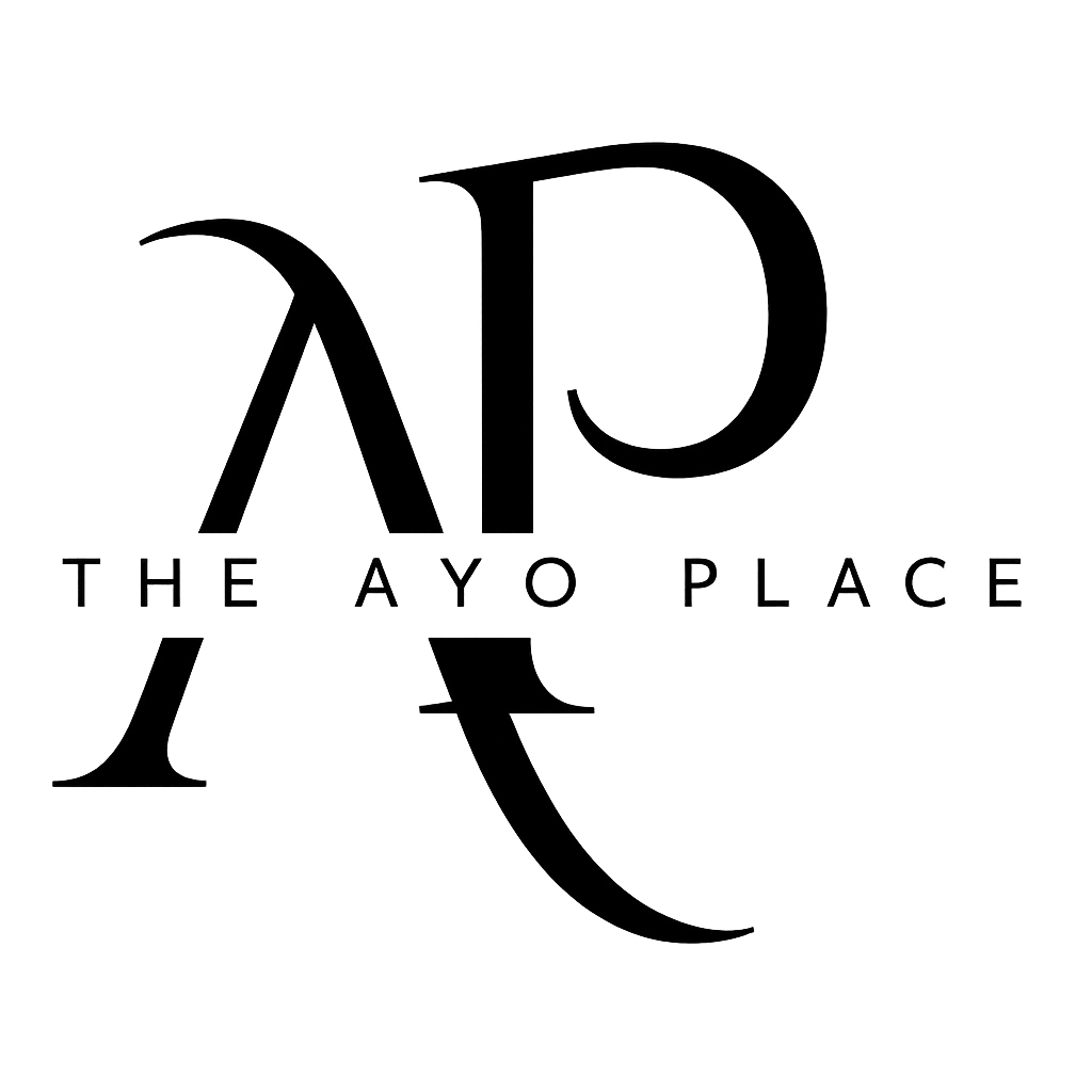 Stylized black logo with overlapping “AP” initials and the text “THE AYO PLACE” on a white background