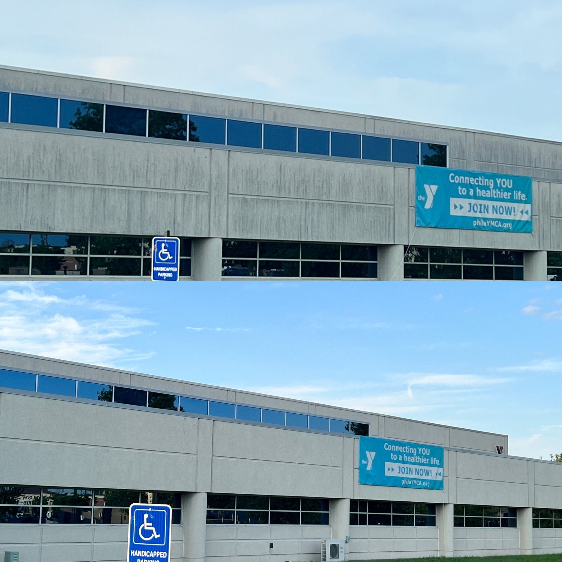 Two photos of the YMCA building with a handicap parking sign and a teal banner that reads 