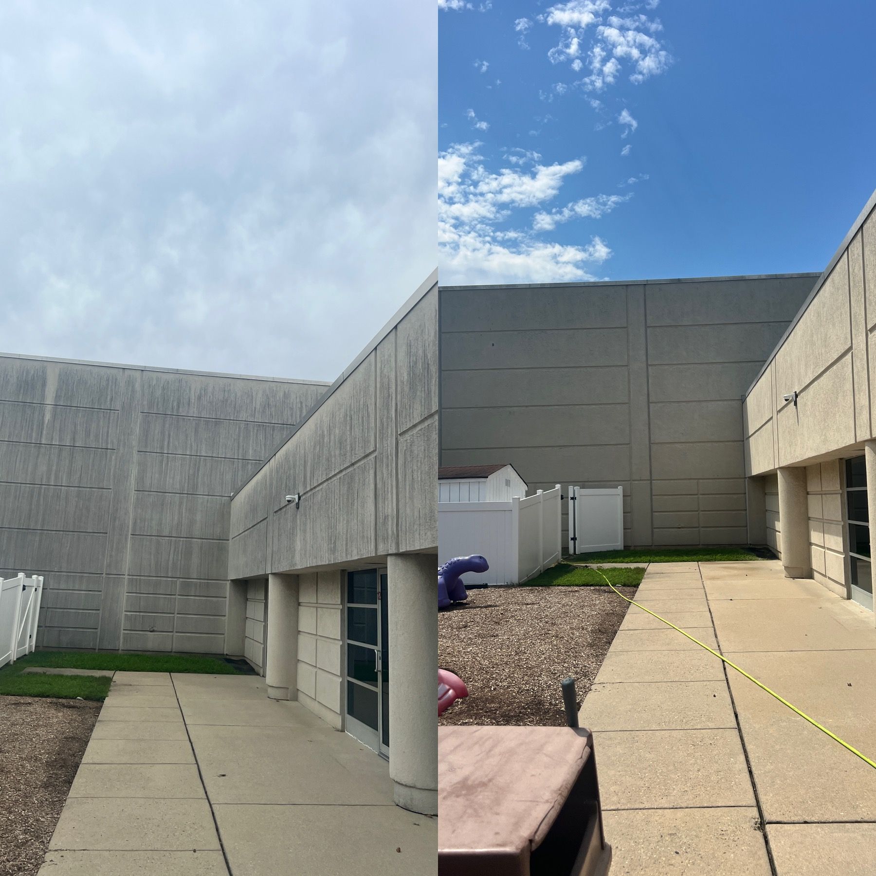 Exterior of a building before and after power washing; grey concrete walls, blue sky, pathway.