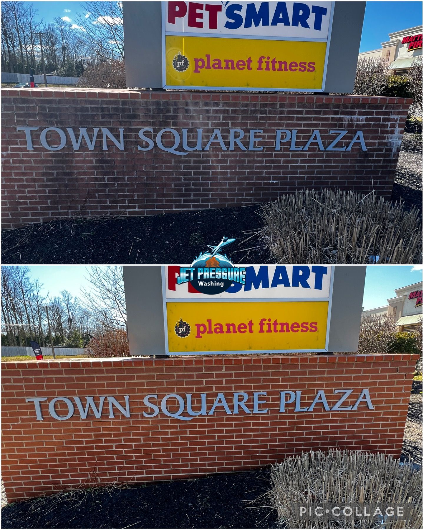 Comparison of a brick sign before and after pressure washing. 