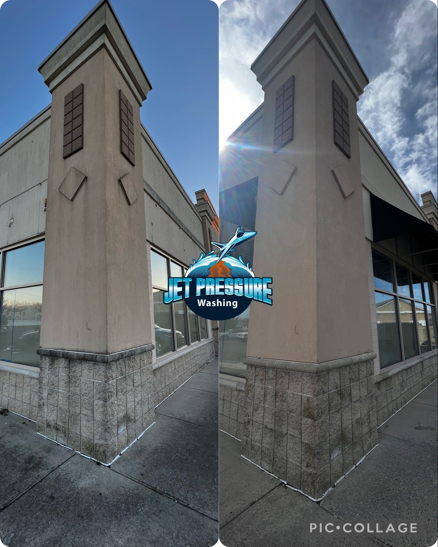 Side-by-side comparison of a building's corner. The left shows a dull facade, while the right displays the cleaned version.