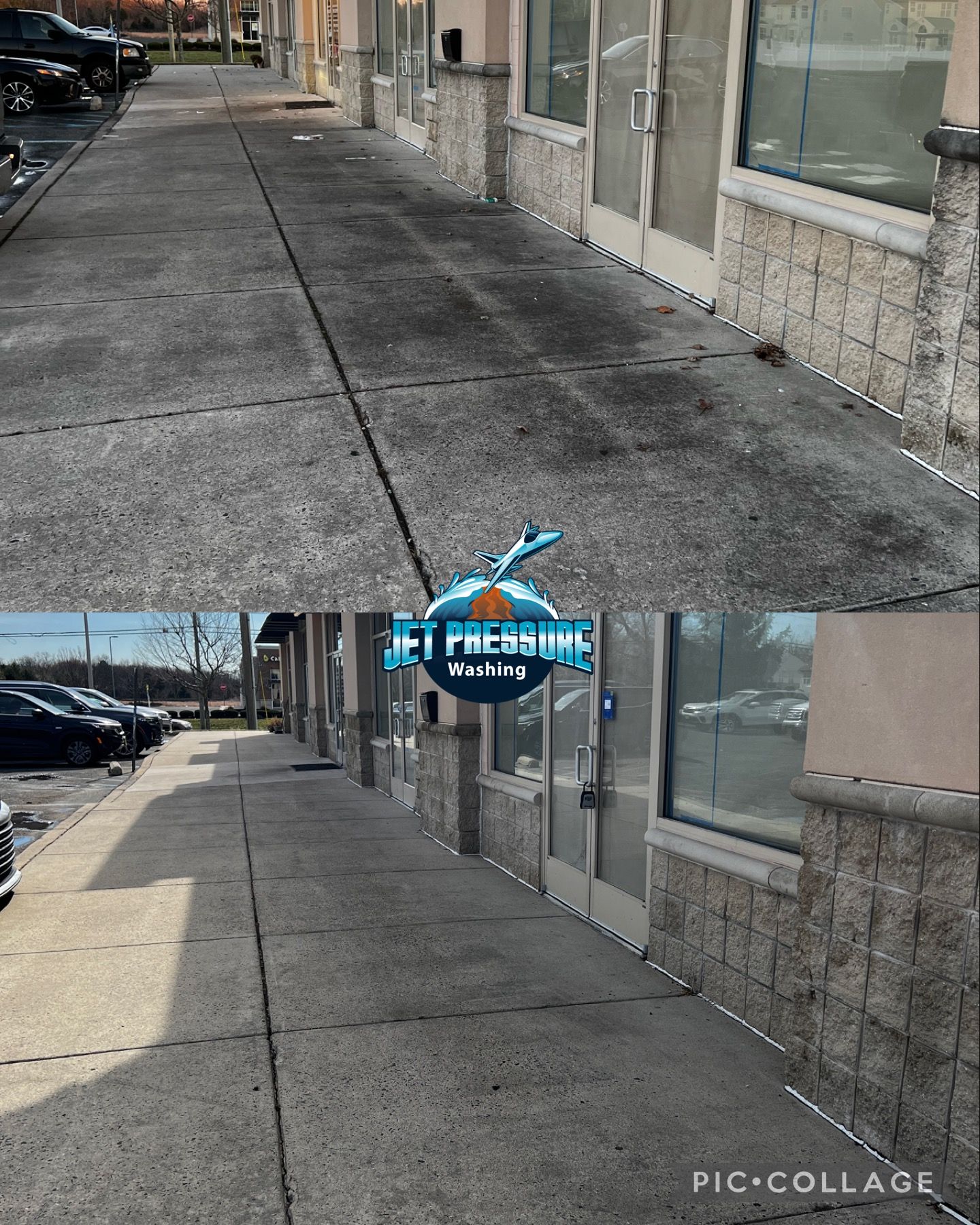 Before and after sidewalk cleaning comparison. Gray concrete sidewalk, commercial building exterior.