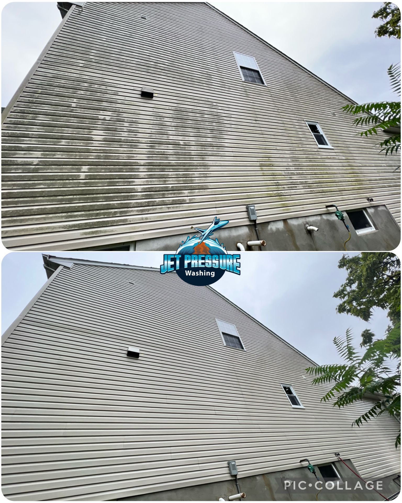 Before and after view of a building's exterior, showing power washing results. The building is light gray with curved lines.