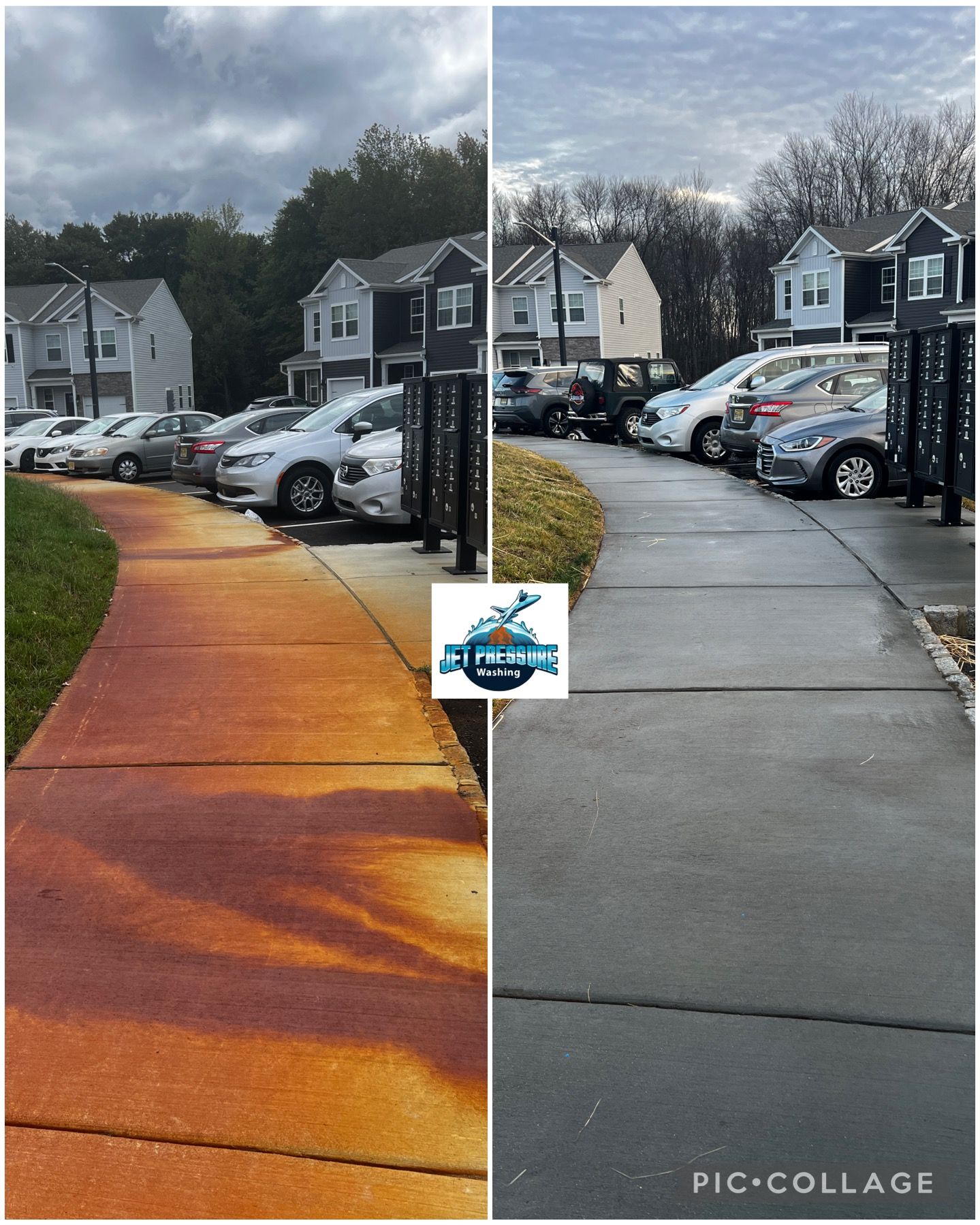 Side-by-side comparison of a before-and-after power wash. Concrete sidewalk turns from reddish-brown to gray, in a parking lot.