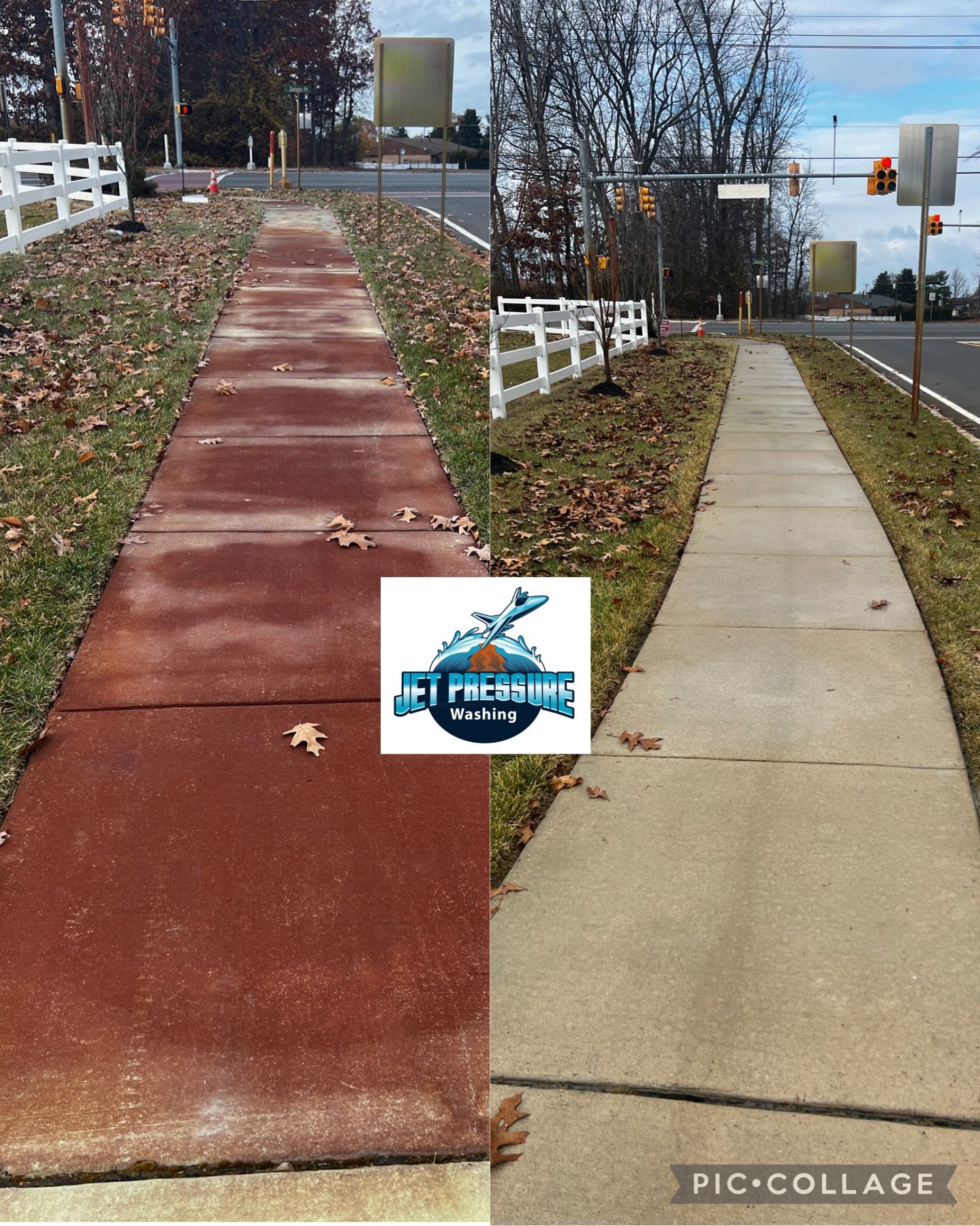 Sidewalk before and after cleaning. The left side is stained brown, and the right side is clean.