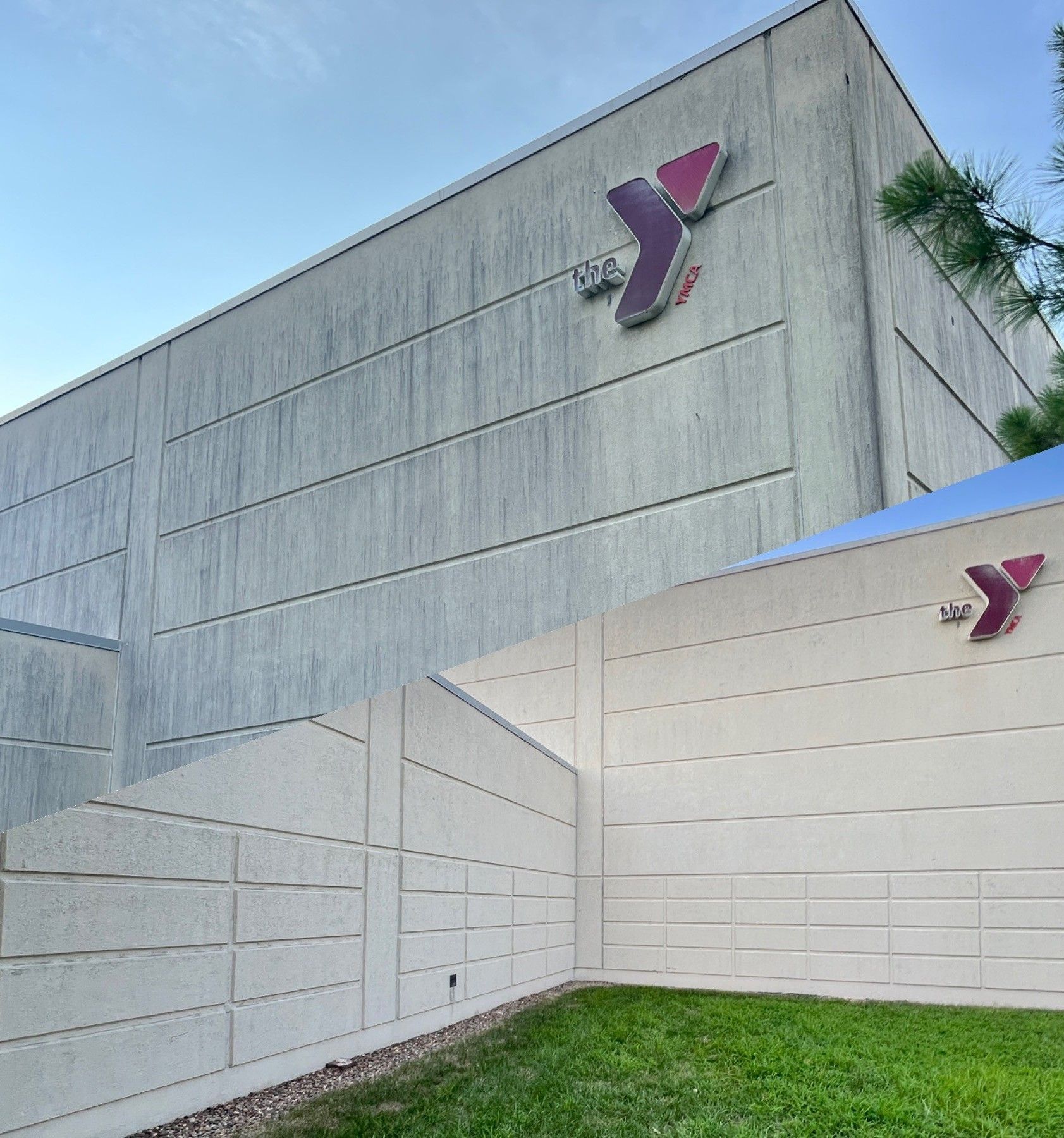 YMCA building exterior with sign and textured concrete walls, green grass and blue sky.
