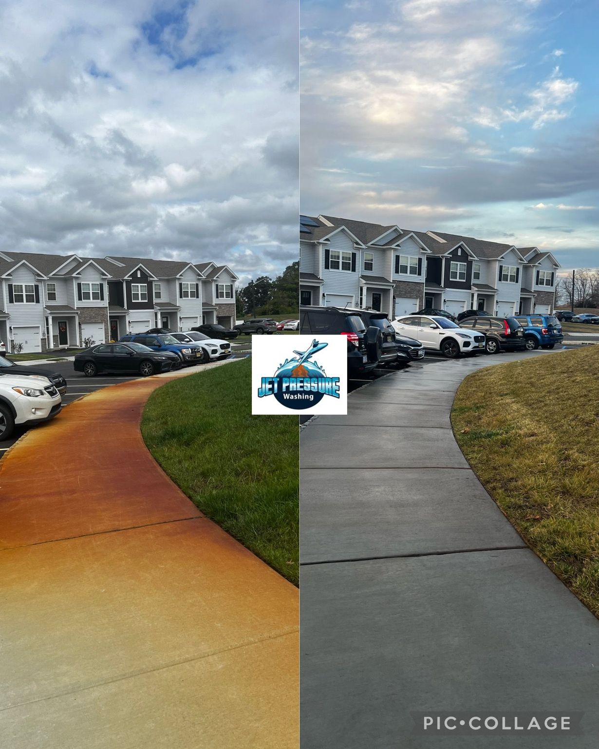 Before and after of a concrete walkway, driveway, and buildings. The cleaned side is gray, the uncleaned side is orange.