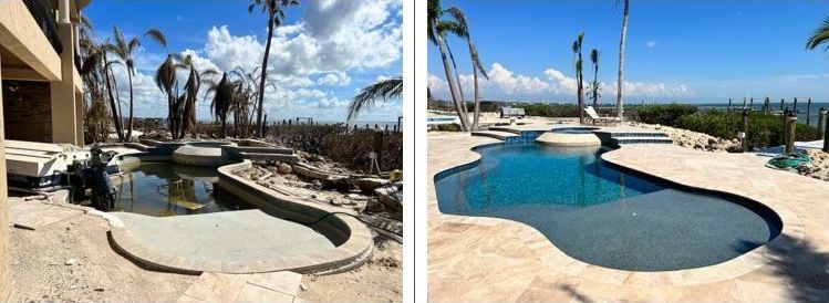a before and after picture of a swimming pool with palm trees in the background