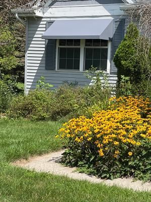 House window with blue awning above yellow flowers and green lawn in front yard