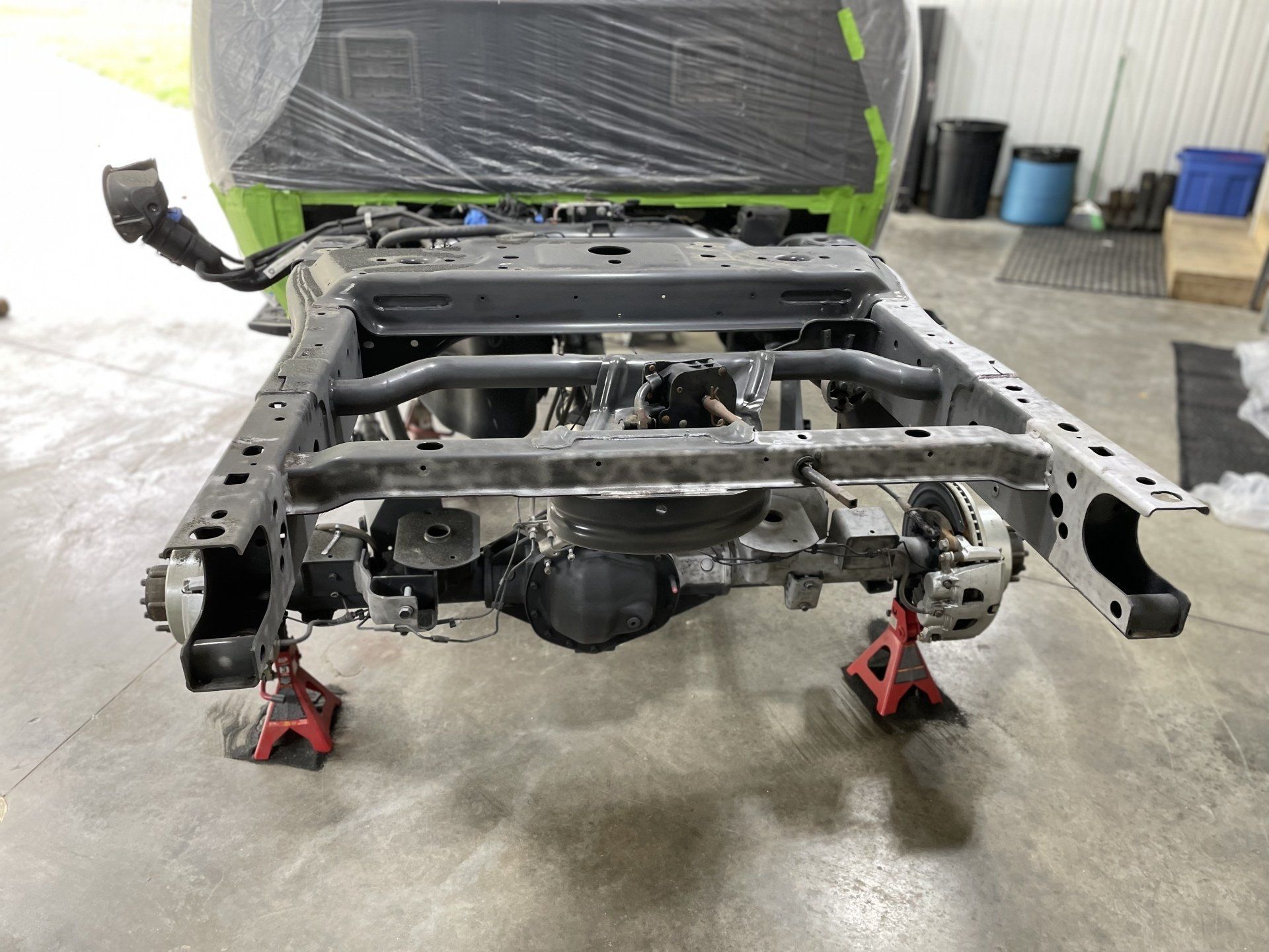 a sandblasted frame in a garage