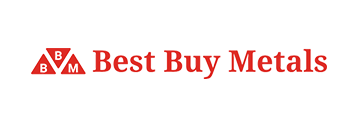 Logo for Best Buy Metals, red text and a symbol made of three red triangles, with the letters
